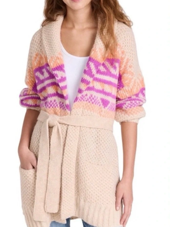 Xirena Carmella Beige Belted Cardigan With Pink & Orange Geometric Design, Xl